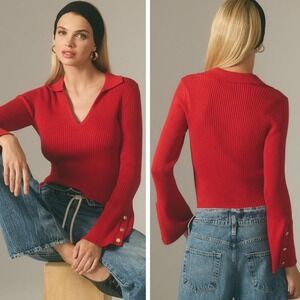 Maeve by Anthropologie Polo Ribbed Bell Sleeve Sweater Red Women's Size Small